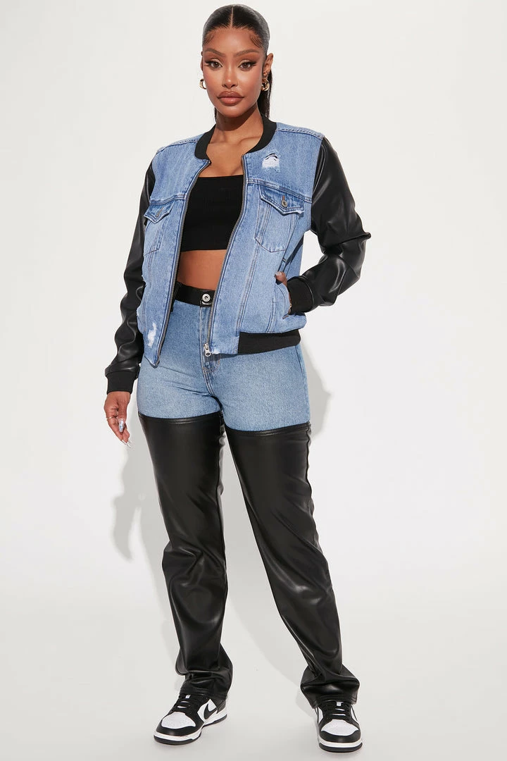 Fashion Nova Get Real Faux Leather Denim Bomber Jacket - Medium Blue Wash