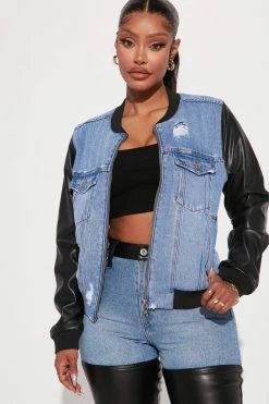 Fashion Nova Get Real Faux Leather Denim Bomber Jacket - Medium Blue Wash