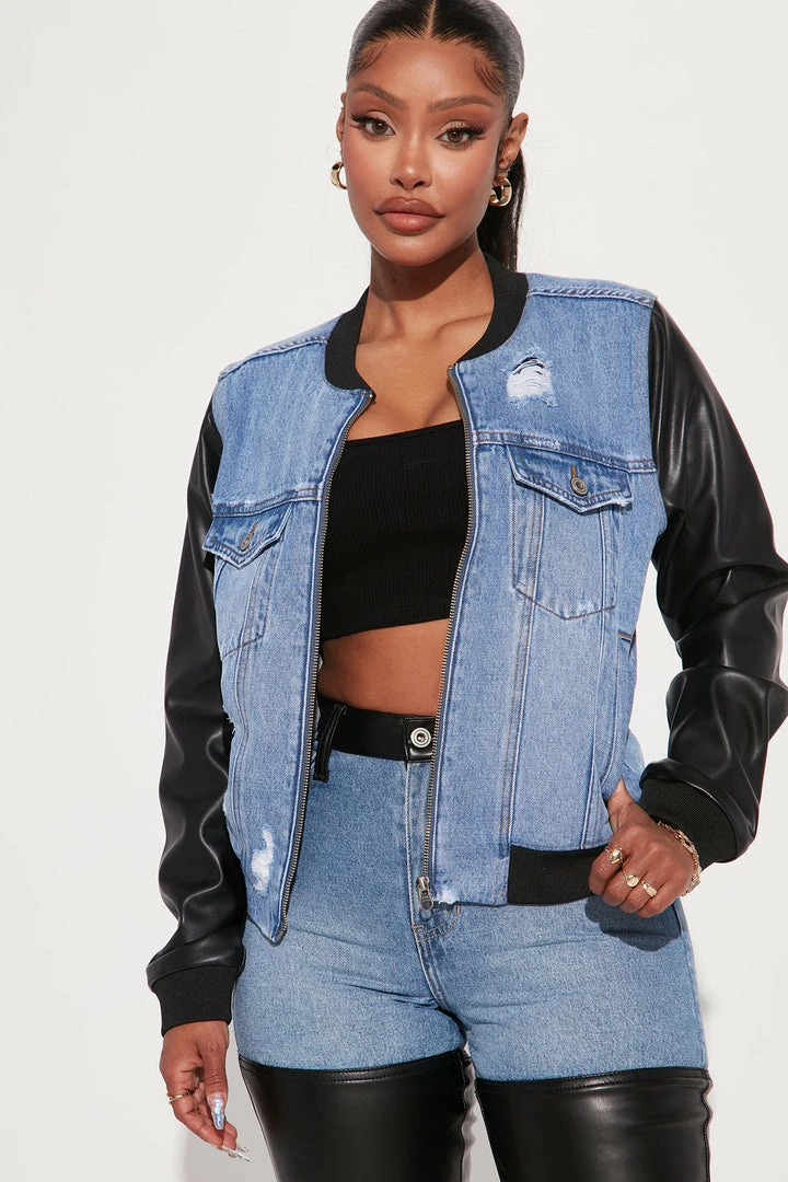 Fashion Nova Get Real Faux Leather Denim Bomber Jacket - Medium Blue Wash