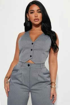 Fashion Nova Keep It Real Pinstripe Vest Top - Charcoal
