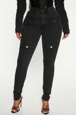 Fashion Nova Matching Separates Own The Night Cargo Moto Skinny Jeans - Black