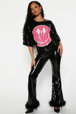 Fashion Nova Smiley In Sequin Pant Set - Black