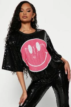 Fashion Nova Smiley In Sequin Pant Set - Black