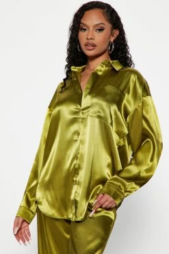 Fashion Nova Serenity Satin Pant Set - Olive