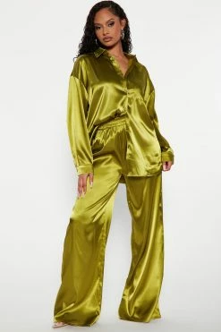 Fashion Nova Serenity Satin Pant Set - Olive