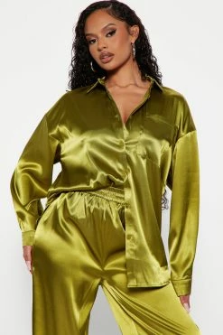 Fashion Nova Serenity Satin Pant Set - Olive