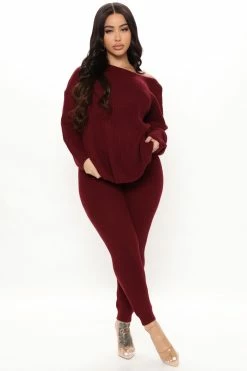 Fashion Nova Don't Get This Twisted Sweater Legging Set - Burgundy Legging Sets