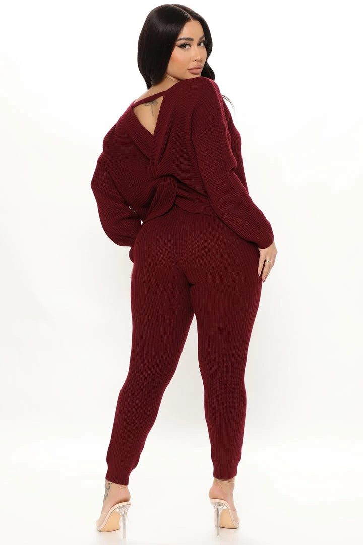 Fashion Nova Don't Get This Twisted Sweater Legging Set - Burgundy Legging Sets