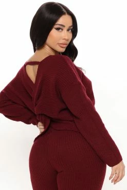 Fashion Nova Don't Get This Twisted Sweater Legging Set - Burgundy Legging Sets