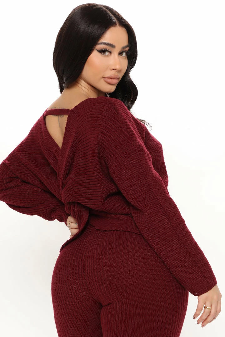 Fashion Nova Don't Get This Twisted Sweater Legging Set - Burgundy Legging Sets