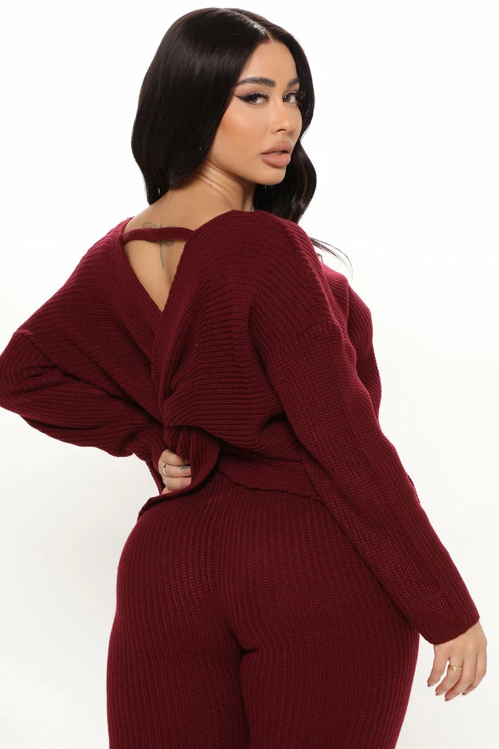 Fashion Nova Don't Get This Twisted Sweater Legging Set - Burgundy Legging Sets