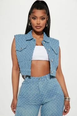 Fashion Nova Real Groove Cropped Trucker Vest - Medium Blue Wash Matching Separates