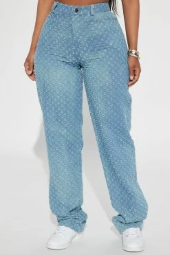 Fashion Nova Real Groove Punctured Straight Leg Jeans - Medium Blue Wash Matching Separates