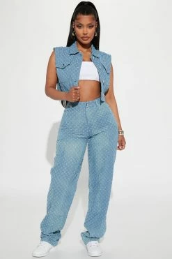 Fashion Nova Real Groove Punctured Straight Leg Jeans - Medium Blue Wash Matching Separates