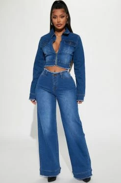 Fashion Nova Superficial Cut-Off Waistband Wide Leg Jeans - Dark Wash