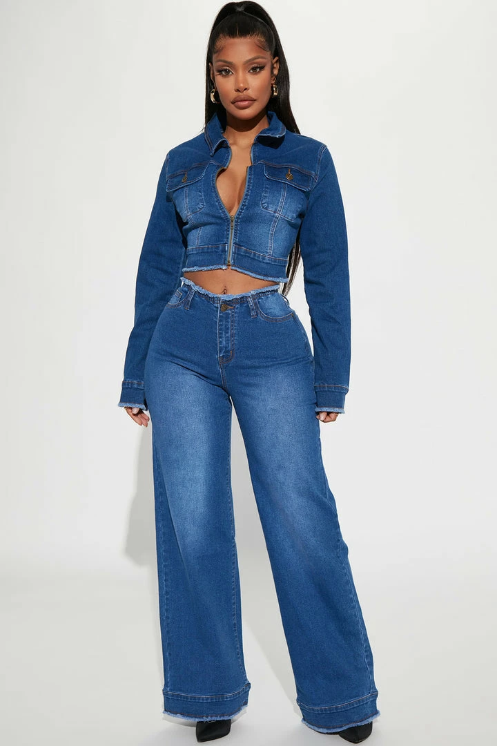 Fashion Nova Superficial Cut-Off Waistband Wide Leg Jeans - Dark Wash