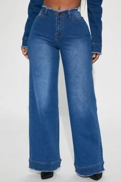 Fashion Nova Superficial Cut-Off Waistband Wide Leg Jeans - Dark Wash