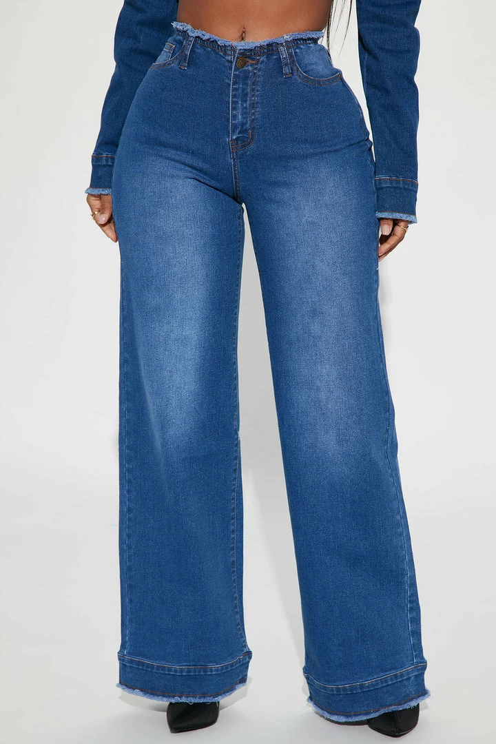 Fashion Nova Superficial Cut-Off Waistband Wide Leg Jeans - Dark Wash