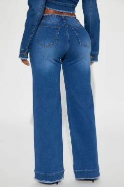 Fashion Nova Superficial Cut-Off Waistband Wide Leg Jeans - Dark Wash