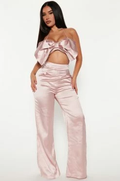 Fashion Nova Sweet Love Satin Pant Set - Blush Wide Leg Sets