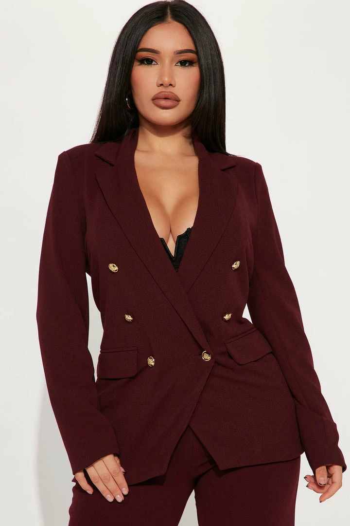 Fashion Nova Celine Button Blazer - Burgundy/combo