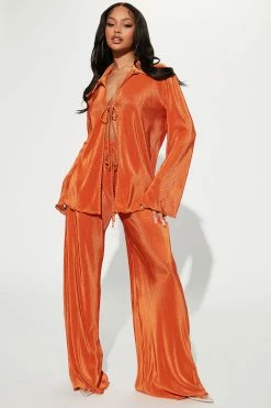 Fashion Nova Sydney Plisse Pant Set - Orange