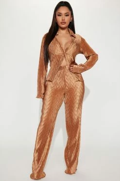 Fashion Nova Wide Leg Sets Talking Again Plisse Pant Set - Copper