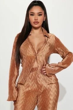 Fashion Nova Wide Leg Sets Talking Again Plisse Pant Set - Copper