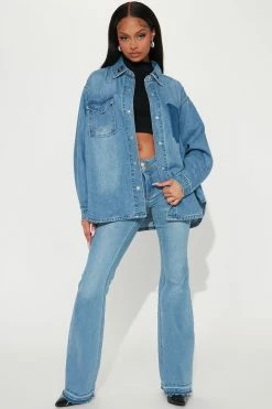 Fashion Nova Matching Separates Outlaw Embellished Denim Shacket - Medium Wash