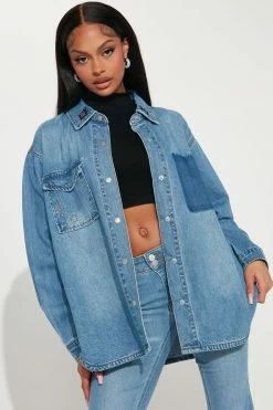 Fashion Nova Matching Separates Outlaw Embellished Denim Shacket - Medium Wash