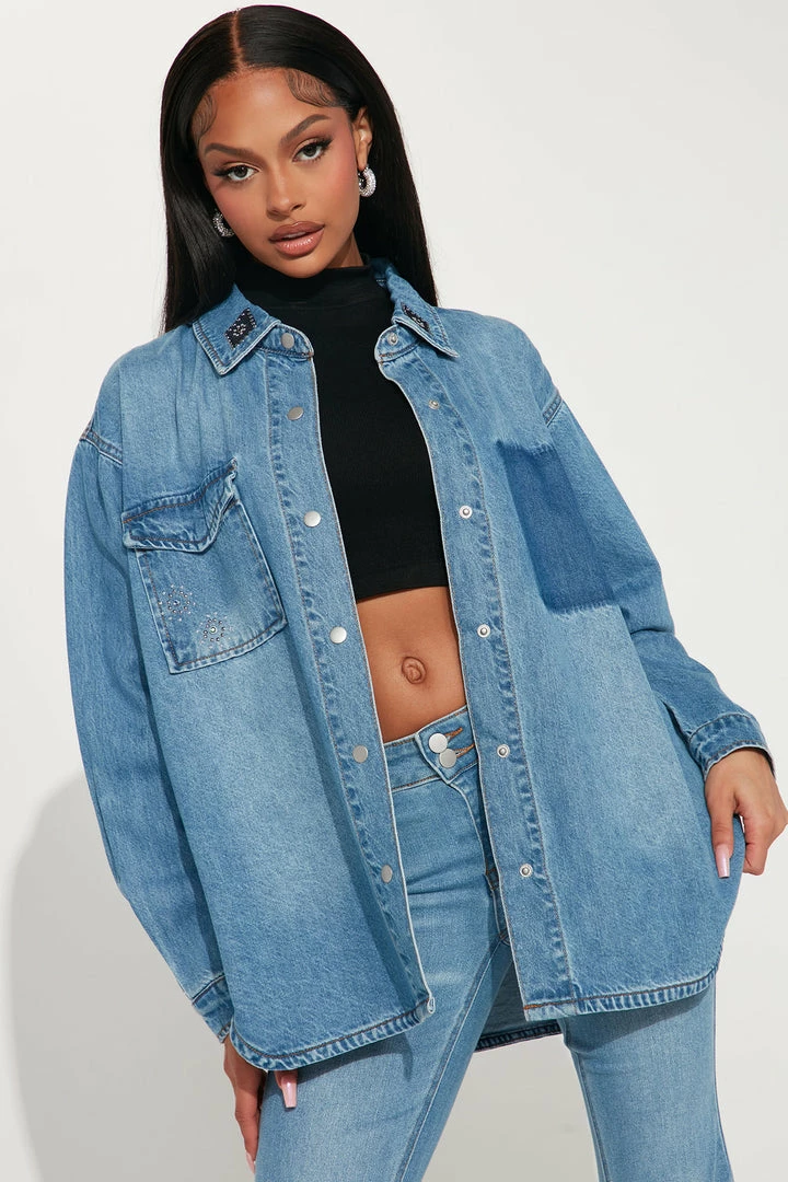 Fashion Nova Matching Separates Outlaw Embellished Denim Shacket - Medium Wash