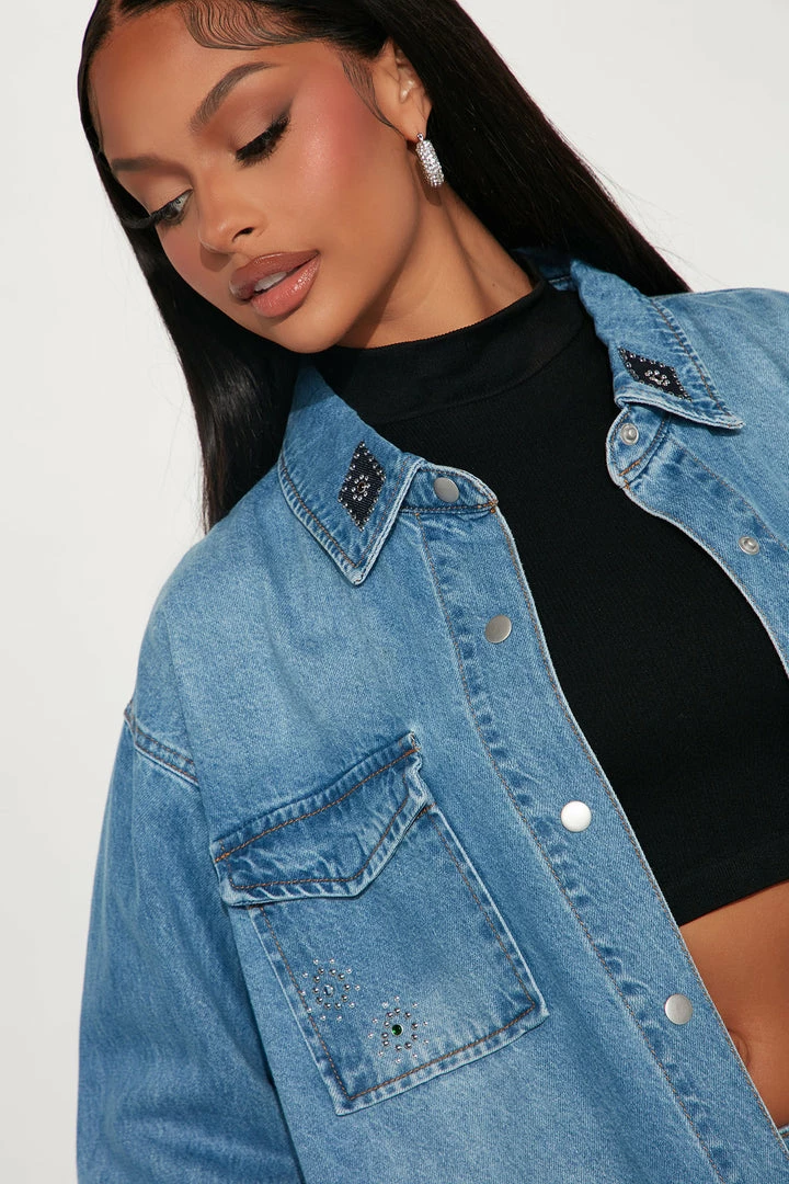 Fashion Nova Matching Separates Outlaw Embellished Denim Shacket - Medium Wash