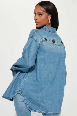 Fashion Nova Matching Separates Outlaw Embellished Denim Shacket - Medium Wash