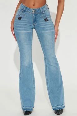 Fashion Nova Outlaw Embellished Mid Rise Flare Jeans - Medium Wash