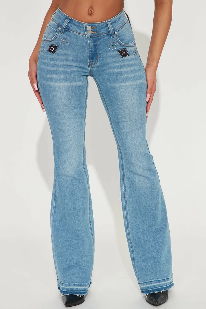 Fashion Nova Outlaw Embellished Mid Rise Flare Jeans - Medium Wash