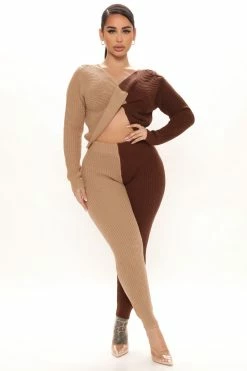 Fashion Nova Legging Sets Plot Twist Sweater Legging Set - Brown/combo