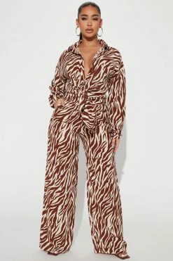 Fashion Nova Wide Leg Sets She' S A Beast Zebra Pant Set - Brown/combo