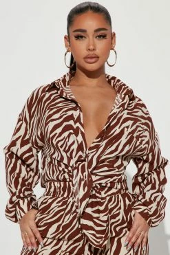 Fashion Nova Wide Leg Sets She' S A Beast Zebra Pant Set - Brown/combo