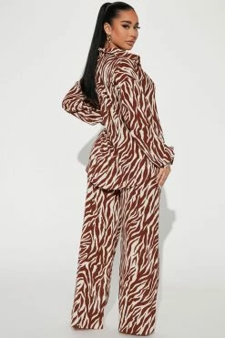 Fashion Nova Wide Leg Sets She' S A Beast Zebra Pant Set - Brown/combo