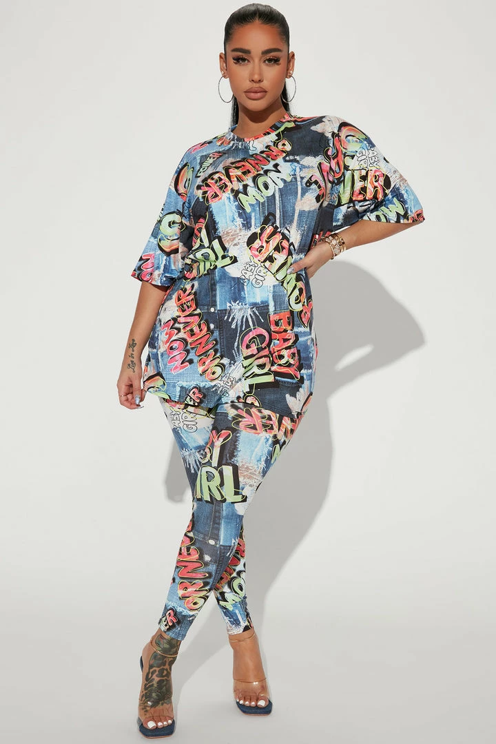 Fashion Nova Graffiti Life Legging Set - Blue/combo