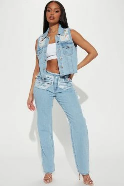 Fashion Nova Tough Love Ripped Denim Trucker Vest - Light Blue Wash Matching Separates
