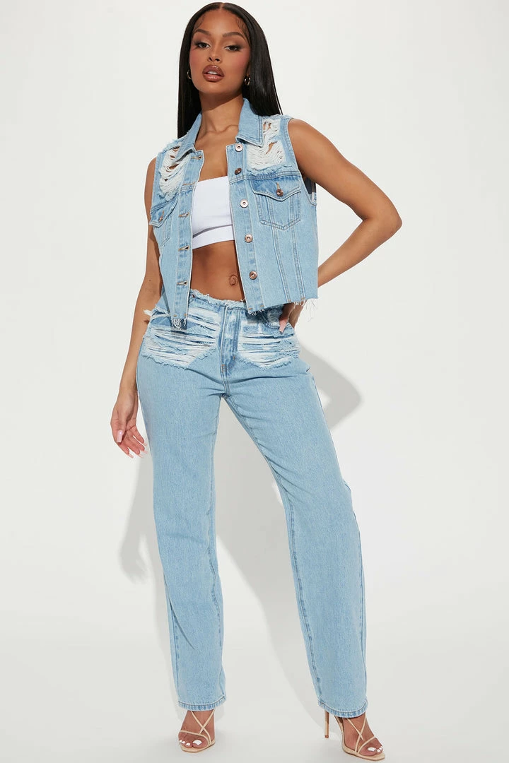 Fashion Nova Tough Love Ripped Denim Trucker Vest - Light Blue Wash Matching Separates