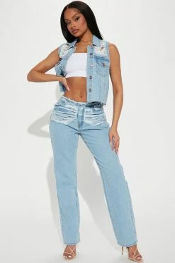 Fashion Nova Matching Separates Tough Love Ripped Mid Rise Straight Leg Jean - Light Blue Wash