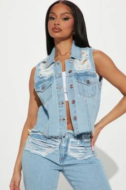 Fashion Nova Tough Love Ripped Denim Trucker Vest - Light Blue Wash Matching Separates