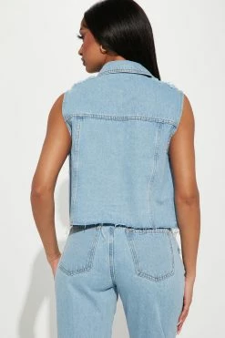 Fashion Nova Tough Love Ripped Denim Trucker Vest - Light Blue Wash Matching Separates