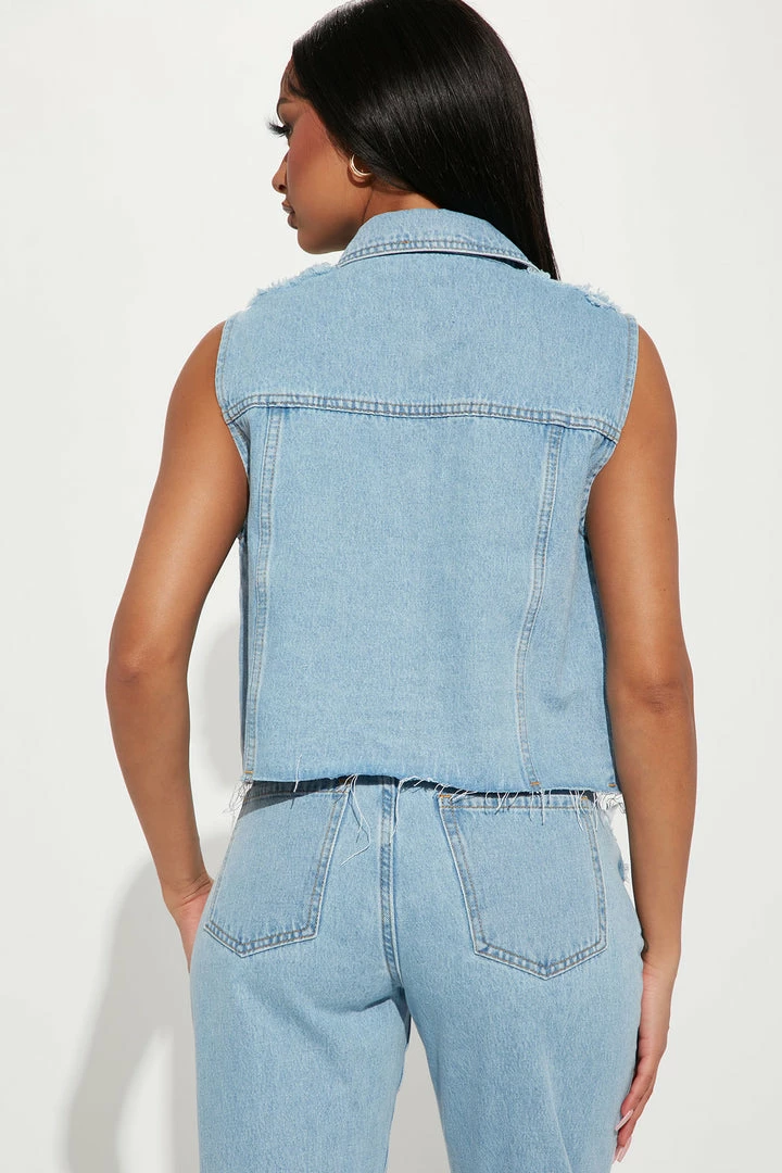 Fashion Nova Tough Love Ripped Denim Trucker Vest - Light Blue Wash Matching Separates