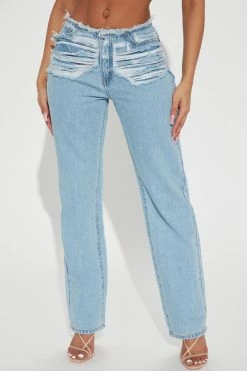 Fashion Nova Matching Separates Tough Love Ripped Mid Rise Straight Leg Jean - Light Blue Wash