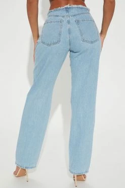 Fashion Nova Matching Separates Tough Love Ripped Mid Rise Straight Leg Jean - Light Blue Wash