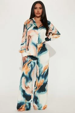 Fashion Nova Caught In The Moment Satin Pant Set - Blue/combo