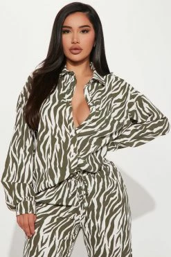 Fashion Nova Wide Leg Sets She' S A Beast Zebra Pant Set - Olive/combo